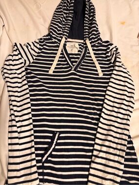 H&M Women's Navy and White Striped V-Neck Hooded T-shirt